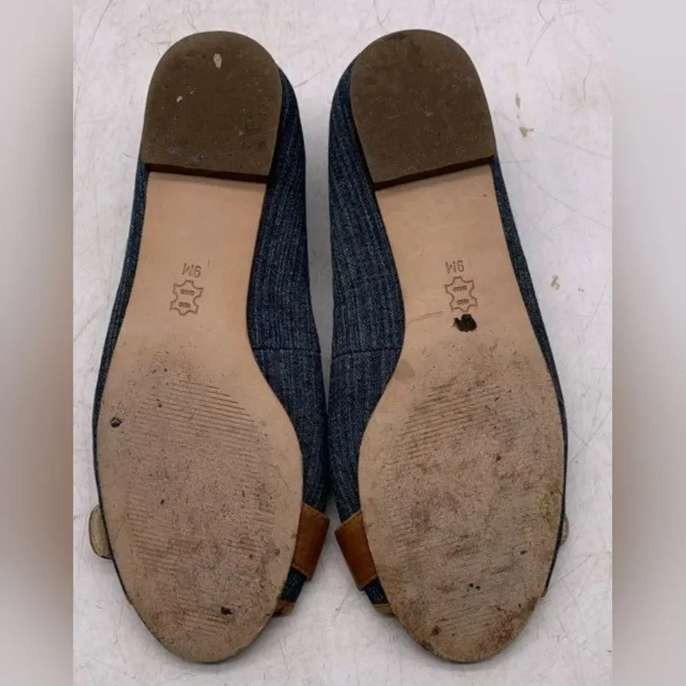 Michael Kors MK Vintage Denim Jean Blue Tan Open Peep Toe Women Flats 9